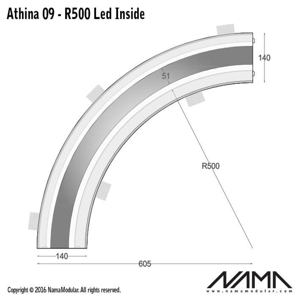 NAMA Athina 09-IN trimless bocht R500, leds aan binnenzijde