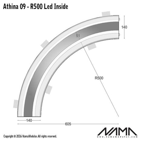 NAMA Athina 09-IN trimless bocht R500, leds aan binnenzijde