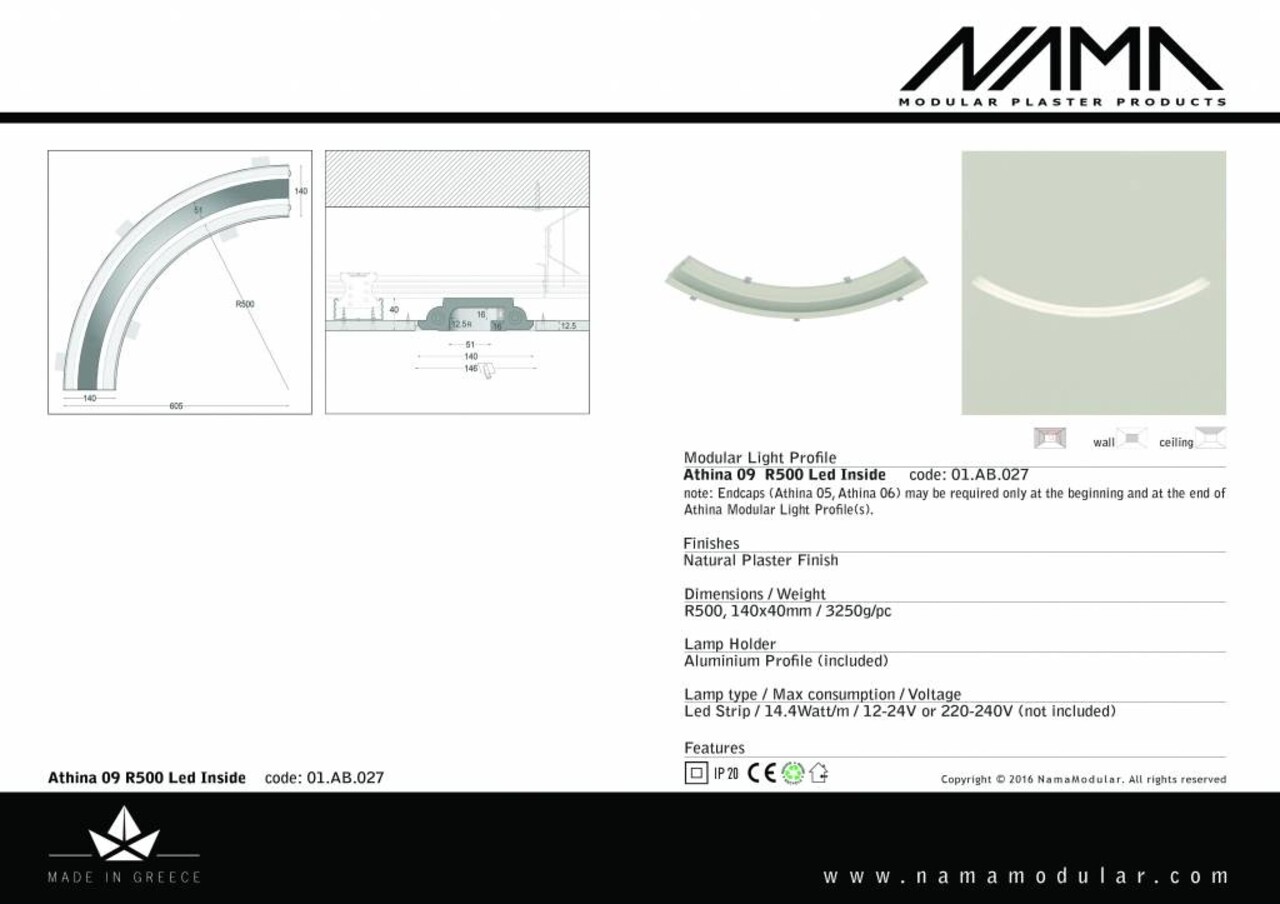NAMA Athina 09-IN trimless bocht R500, leds aan binnenzijde