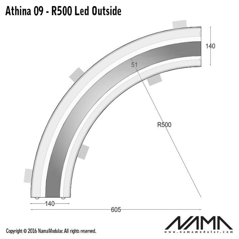 NAMA Athina 09-OUT trimless bocht R500, leds aan buitenzijde