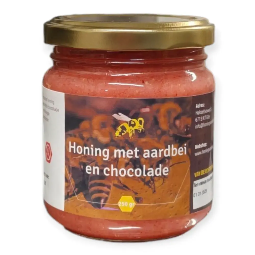 Honing met gevriesdroogde aardbeipoeder en stukjes witte chocolade