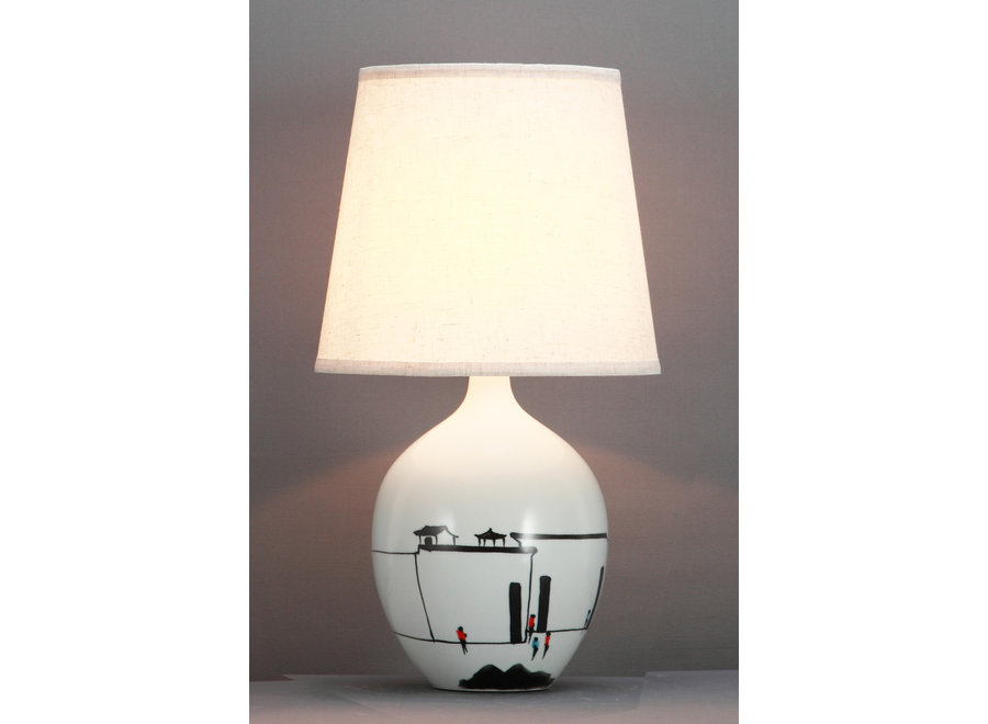 Lampe de Table en Porcelaine Chinoise Noire Blanche Paysage D.28xH51cm