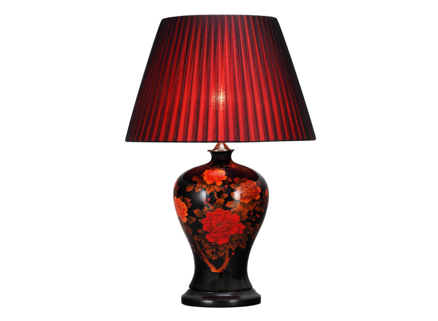 Lampe de Table en Porcelaine Chinoise Noire Pivoines D.43xH66cm