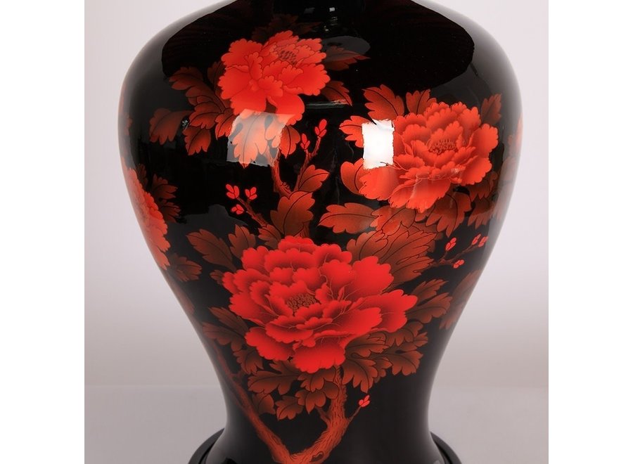 Fine Asianliving Lampe de Table en Porcelaine Chinoise Noire Pivoines D.43xH66cm