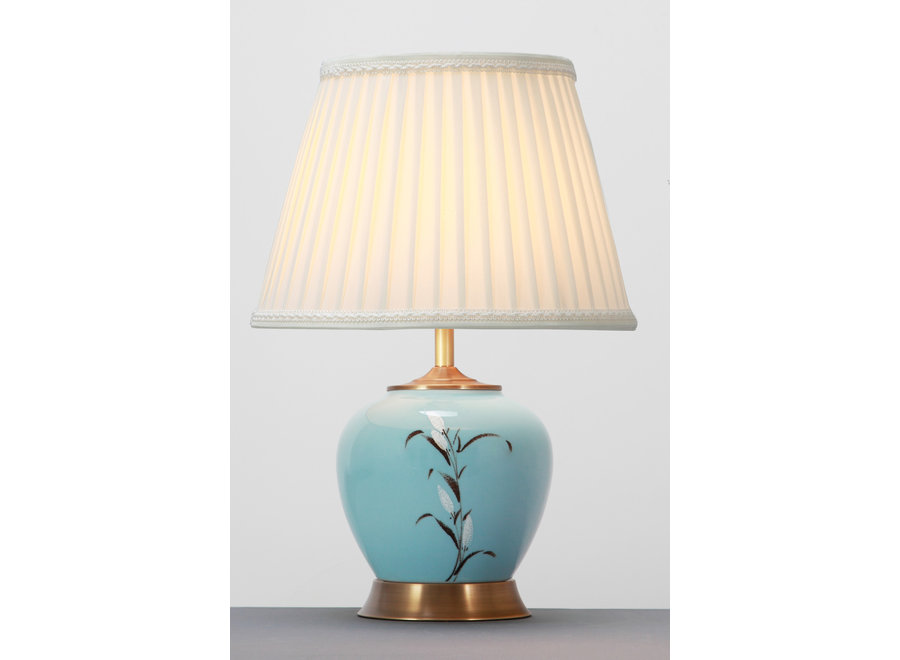 Lámpara de Mesa de Porcelana Flores Blancas Base de Bronce D.36xA54cm