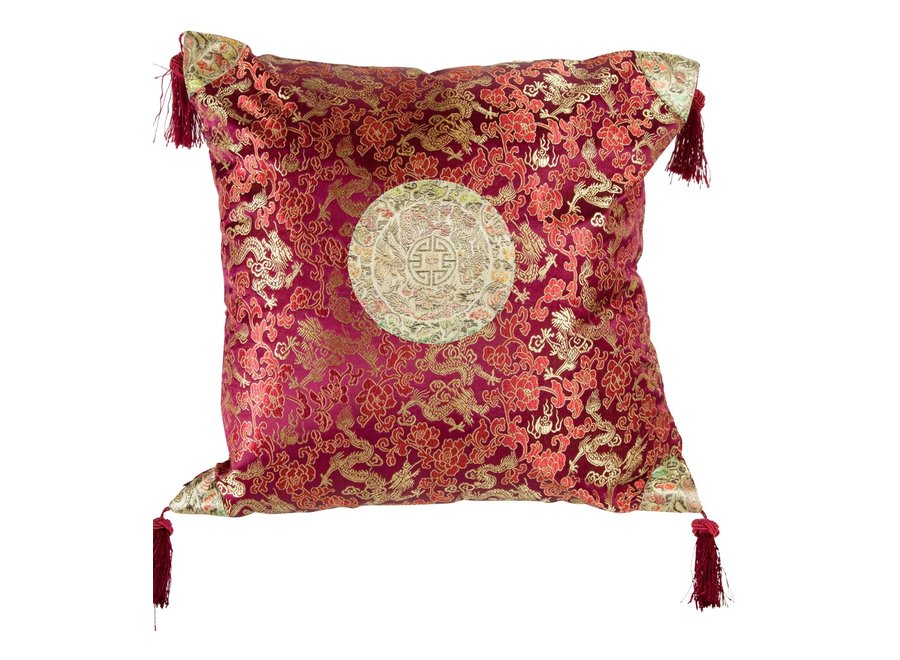 Fine Asianliving Chinese Cushion Cover with Tassels Lucky Dragon Burgundy Red 45x45cm Without Filling