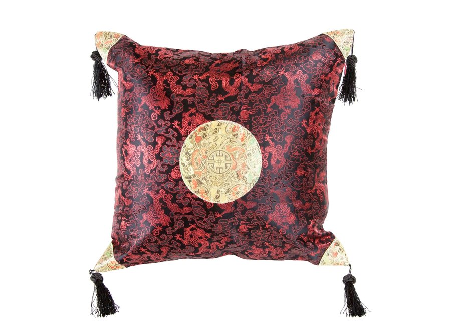 Fodera per Cuscino Cinese con Nappe Drago Fortunato Nero Rosso 45x45 cm Senza Riempimento