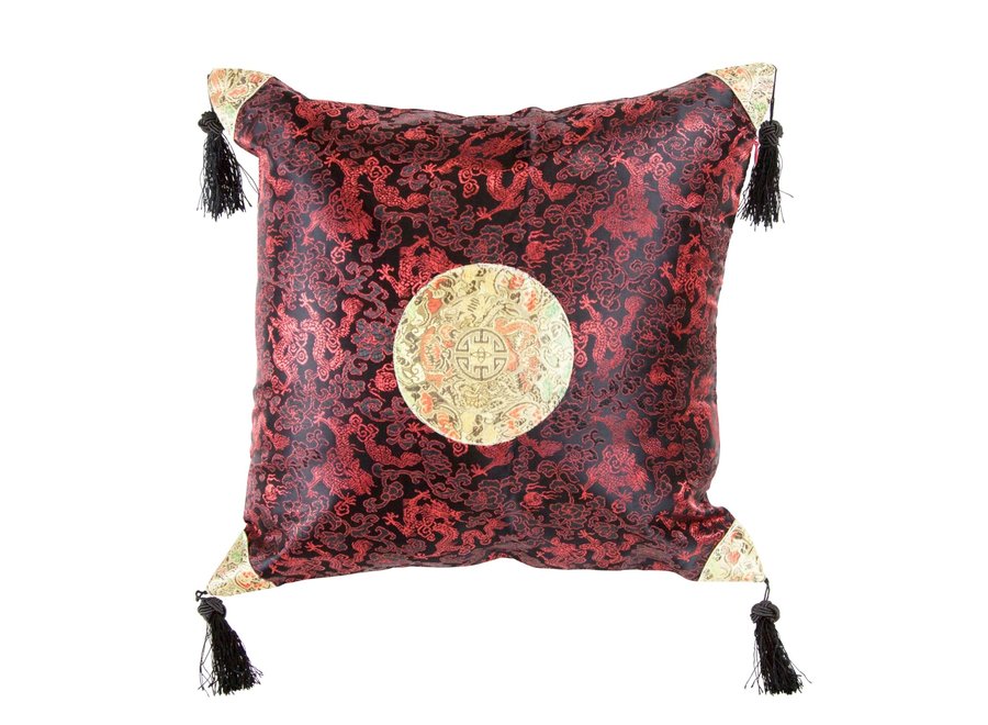 Chinesischer Kissenbezug mit Quasten Lucky Dragon Schwarz Rot 45x45cm Ohne Füllung