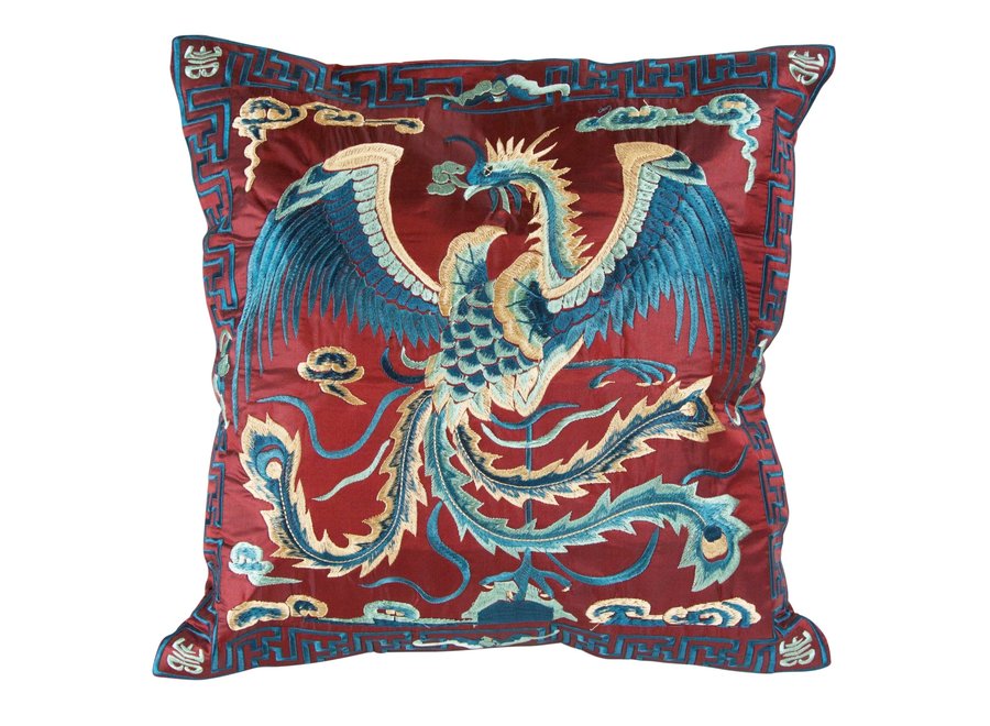 Coussin Chinois Brodé Main Phoenix Bourgogne 45x45cm