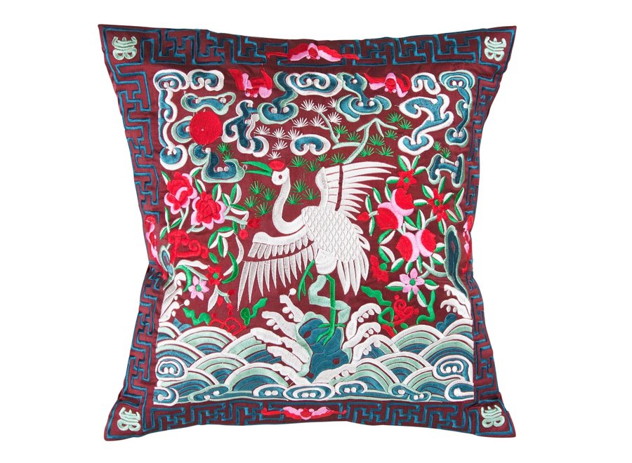 Housse de Coussin Chinoise Brodée Main Grue Bourgogne 45x45cm Sans Remplissage