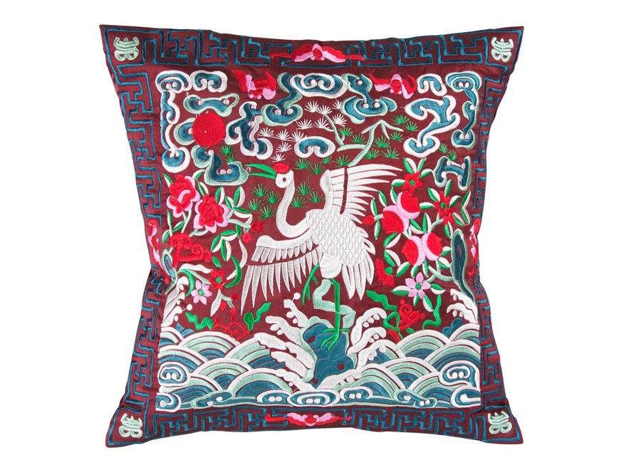 Coussin Chinois Grue Bourgogne Brodé Main 45x45cm