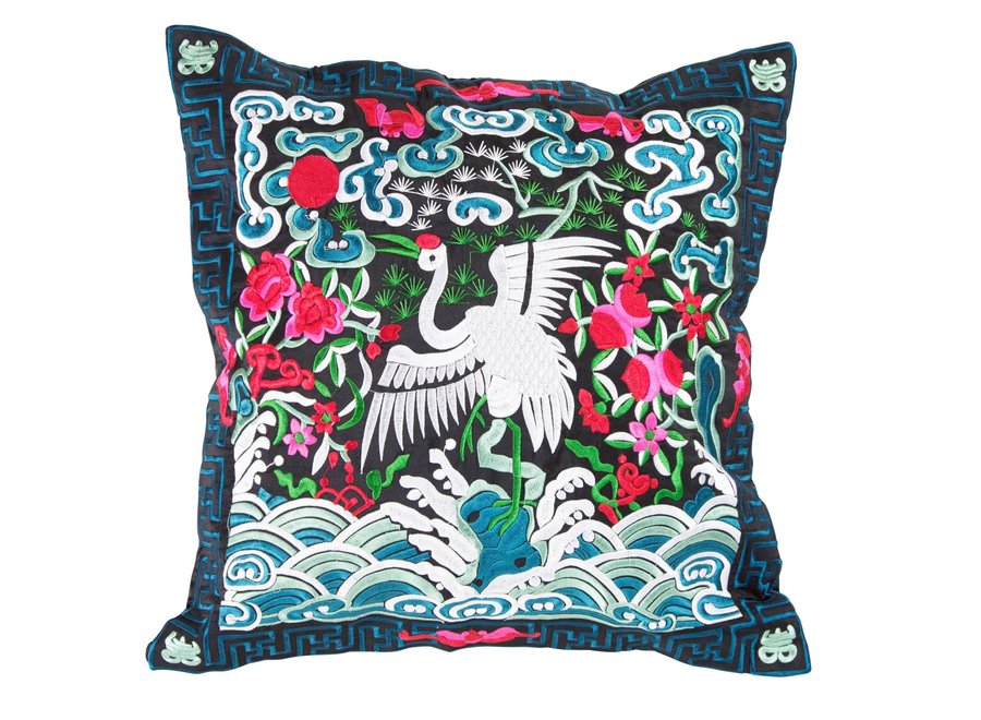 Fine Asianliving Chinese Cushion Cover Hand-embroidered Blue Black Crane 40x40cm Without Filling