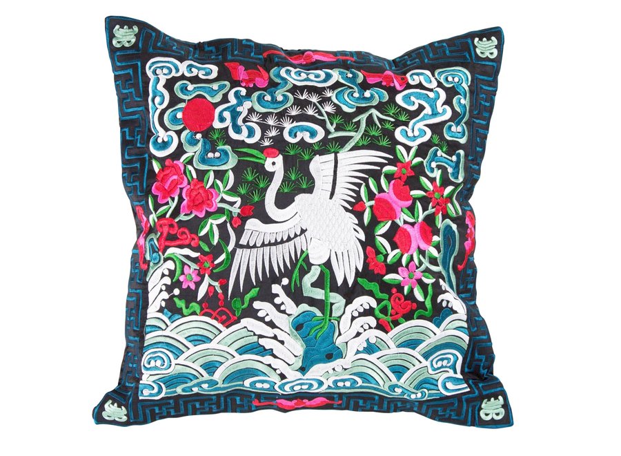 Housse de Coussin Chinoise Brodée Main Bleu Grue Noire 45x45cm Sans Remplissage