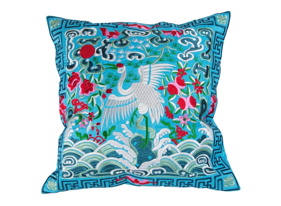 Housse de Coussin Chinoise Brodée Main Grue Bleue 45x45cm Sans Remplissage