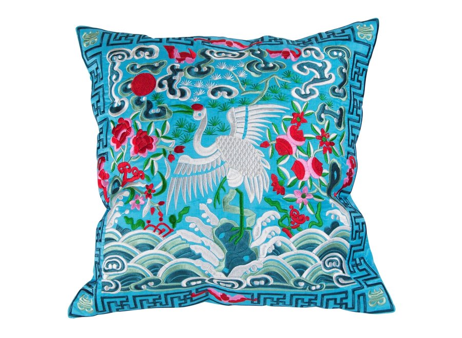 Chinese Cushion Cover Hand-Embroidered Blue Crane 45x45cm Without Filling