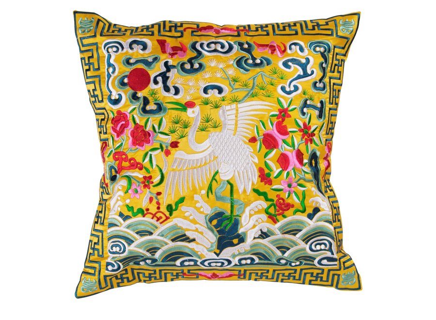 Housse de Coussin Chinois Grue Jaune Brodée à La Main 45x45cm Sans Remplissage