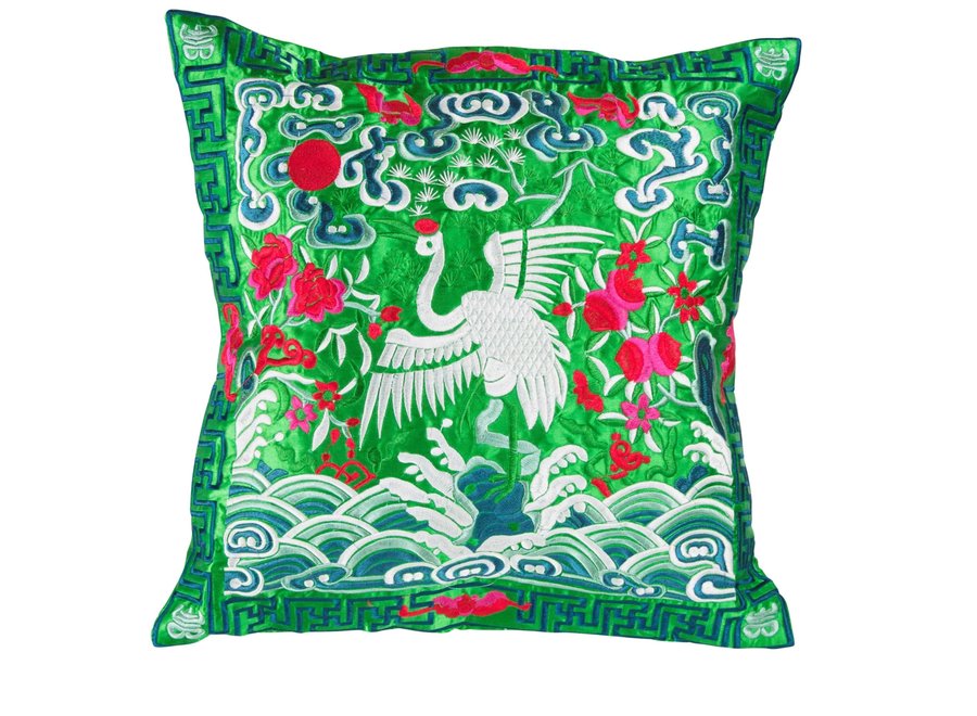 Housse de Coussin Chinoise Brodée Main Grue Verte 45x45cm Sans Rembourrage