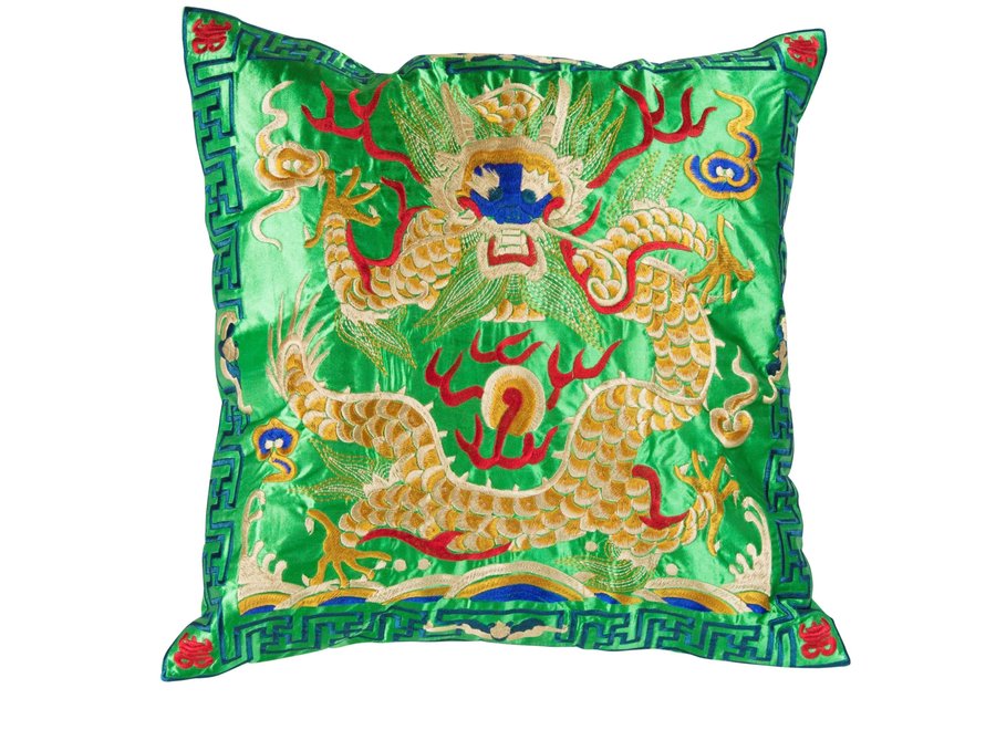 Chinese Cushion Cover Hand-embroidered Green Yellow Dragon 45x45cm Without Filling