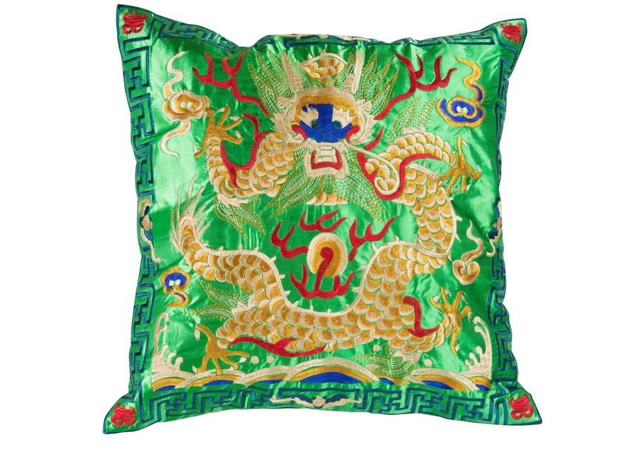 Coussin Chinois Brodé Main Dragon Jaune Vert 45x45cm