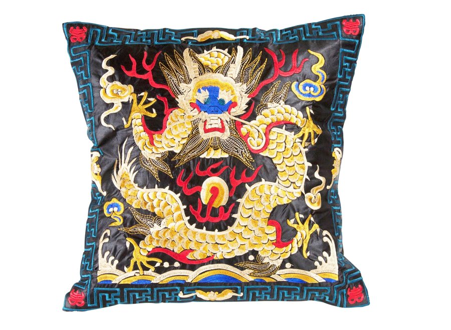 Chinese Cushion Cover Hand-embroidered Black Yellow Dragon 45x45cm Without Filling