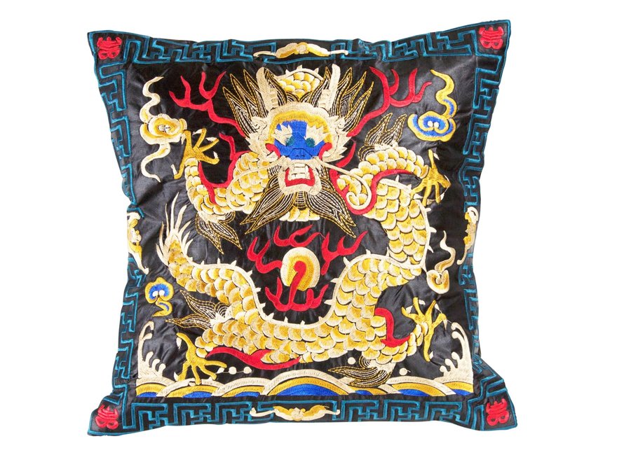 Housse de Coussin Chinoise Brodée Main Dragon Jaune Noir 45x45cm Sans Rembourrage