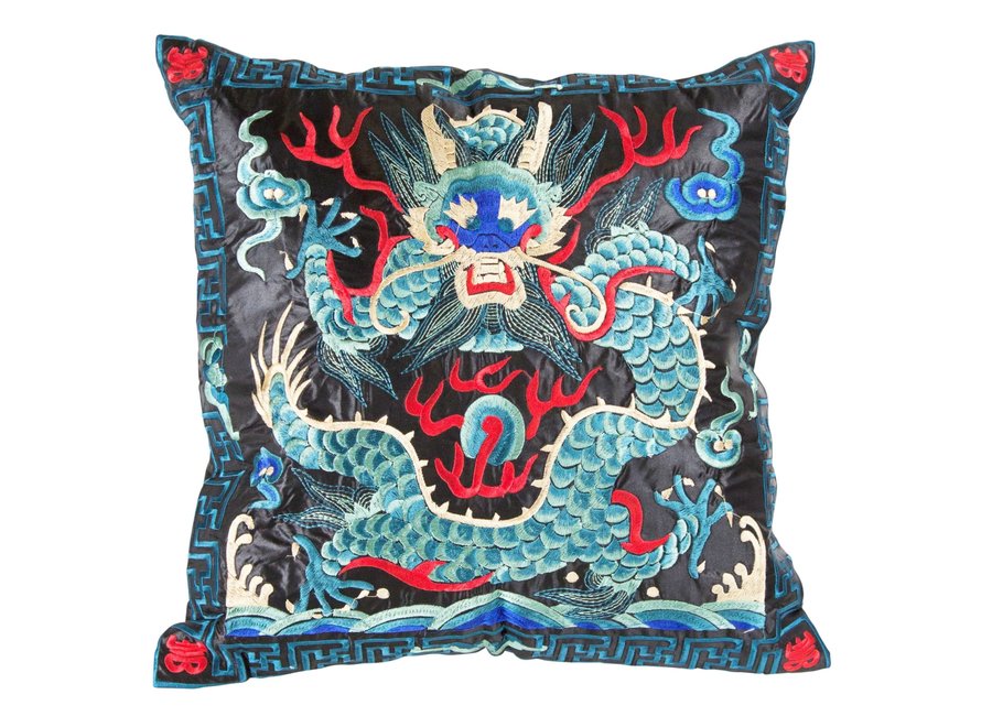 Housse de Coussin Bleue Noir Dragon Brodé à la Main 45x45cm