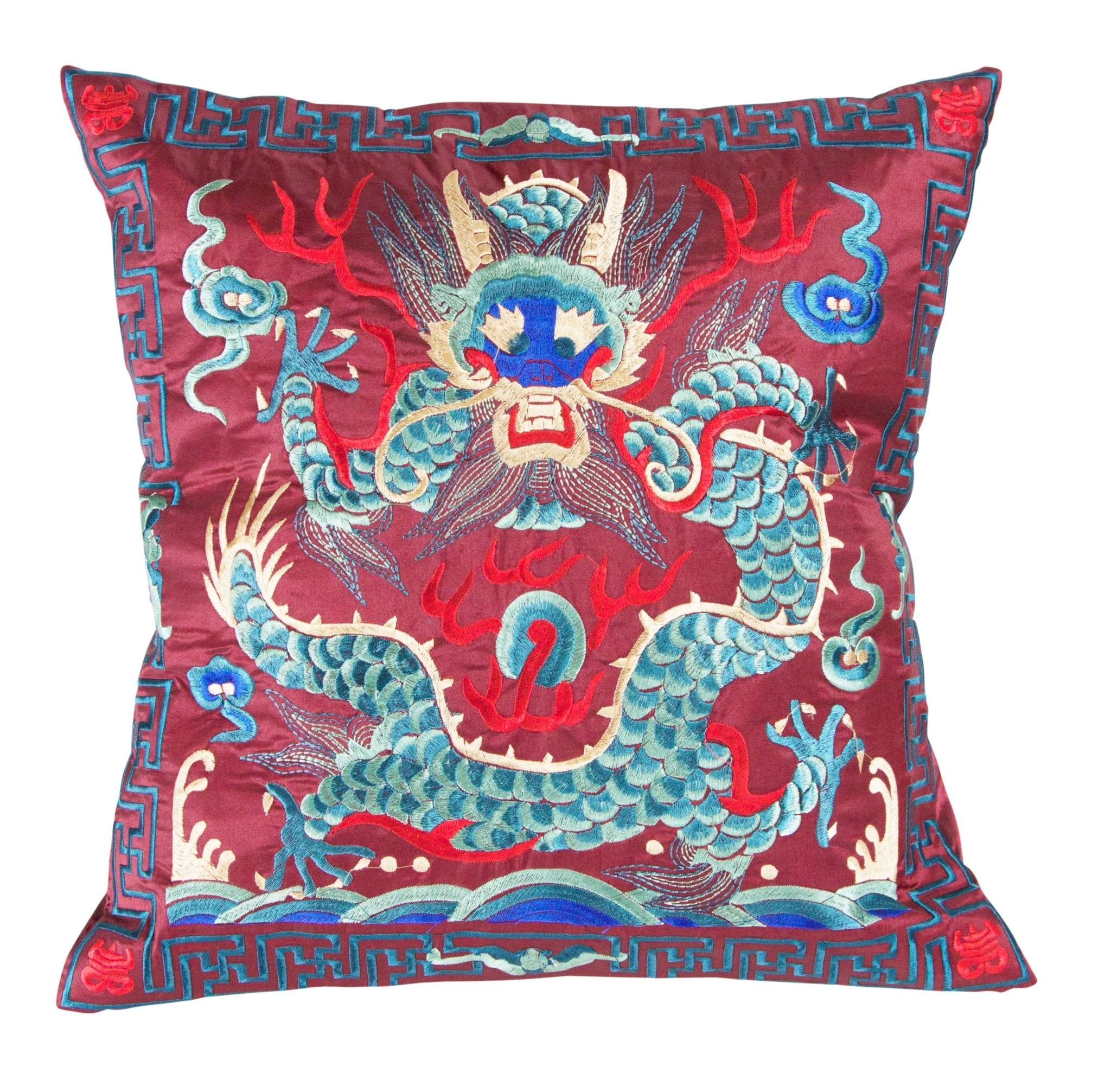 Chinese Cushion Cover Handembroidered Burgundy Dragon 40x40cm Without