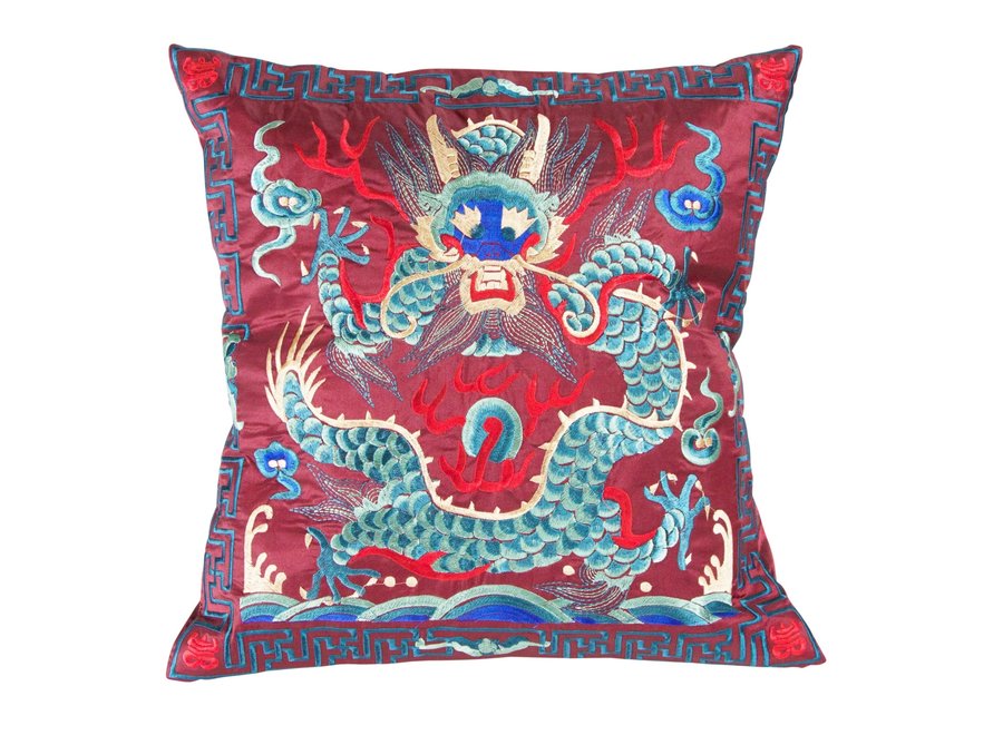 Chinesisches Kissen Handbestickter Burgunder Drache 45x45cm