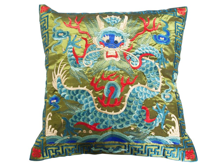 Chinese Cushion Hand-embroidered Green Dragon 45x45cm
