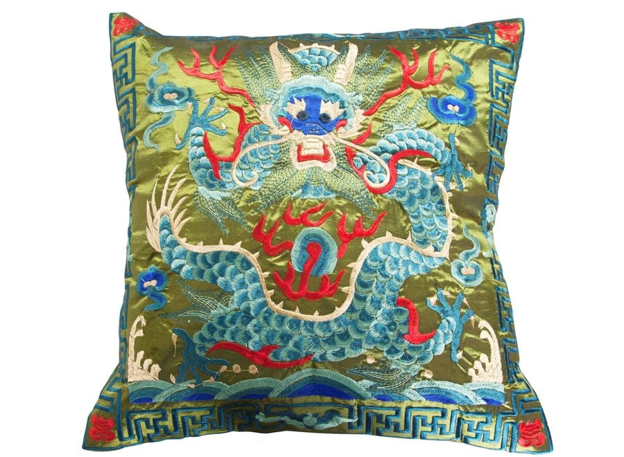Fine Asianliving Chinese Cushion Cover Hand-embroidered Green Dragon 40x40cm Without Filling