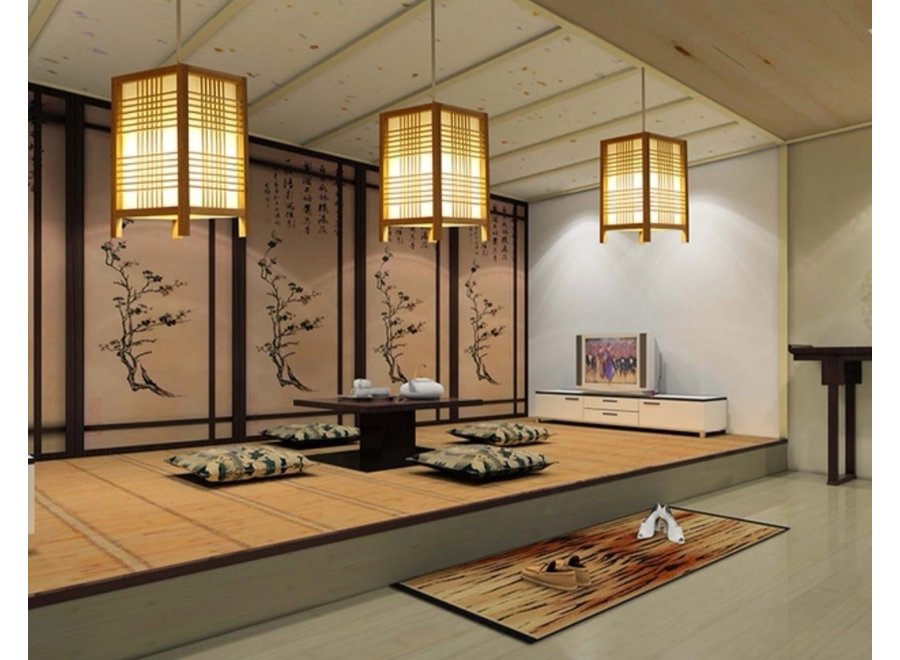 Lampada a Sospensione Giapponese di Legno e Carta Shoji Naturale - Isumi L15xP15xA25cm