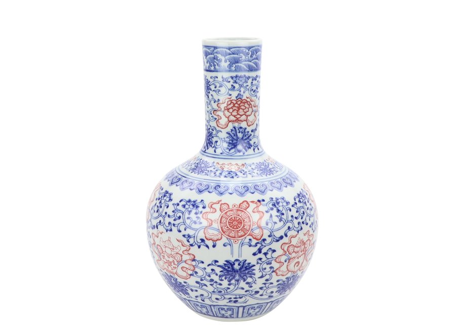 Vaso Cinese in Ceramica Porcellana Loto Blu Rosso D22xA34cm