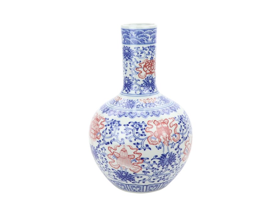 Vase Chinois Porcelaine Lotus Rouge Bleu Diam22xH34cm