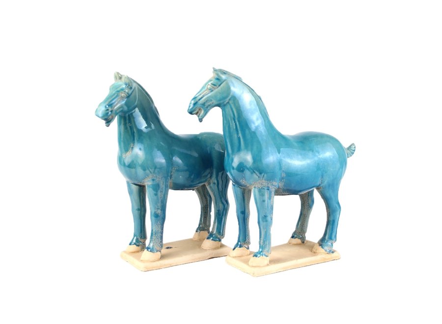 Chinese Horse Tang Dynasty Terracotta Pottery Handmade Blue Set/2 W8xD14H26cm