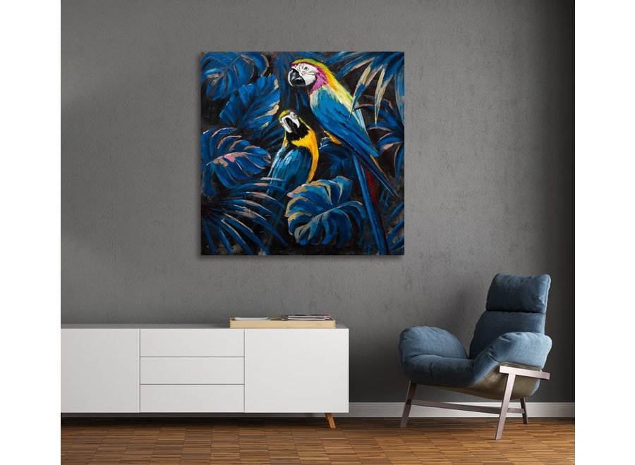 Wall Art Canvas Print 100x100cm Blue Parrots in Love Hand Embellished Giclee Handmade