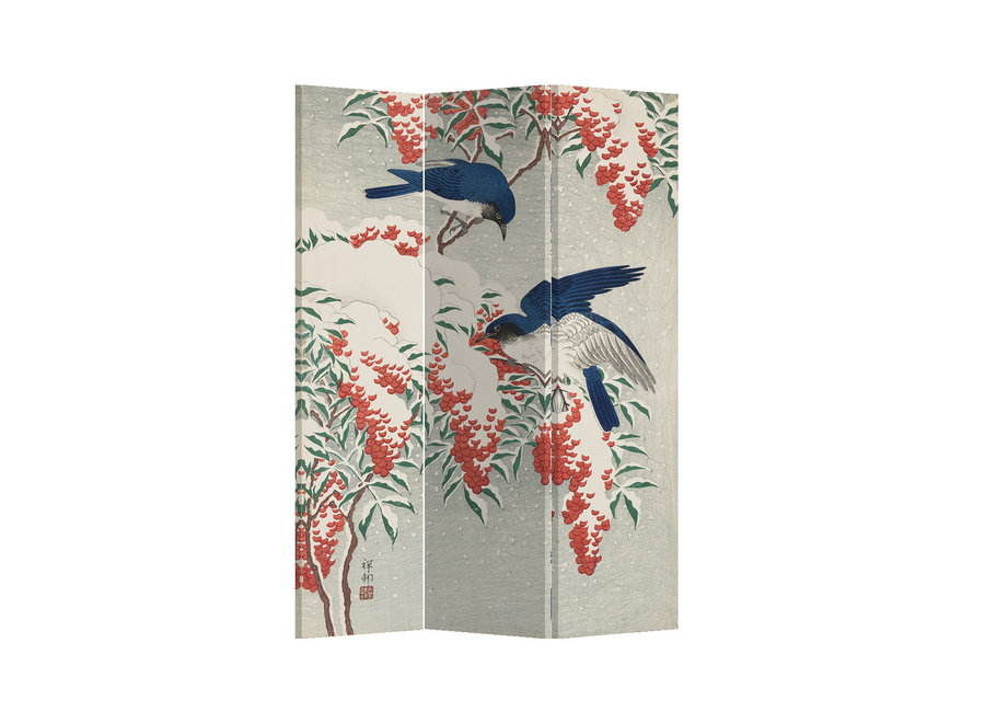 Room Divider Privacy Screen 3 Panels W120xH180cm Japanese Blue Birds Berries