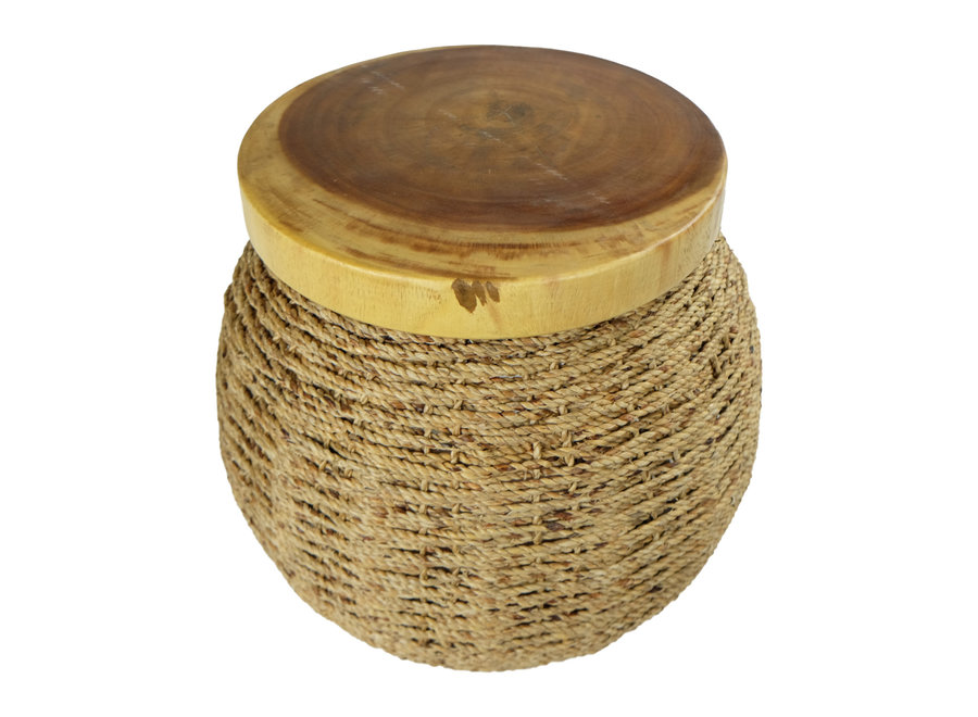 Handbraided Jute Stool with Wooden Top and Storage Space Handmade in Thailand 40x45cm