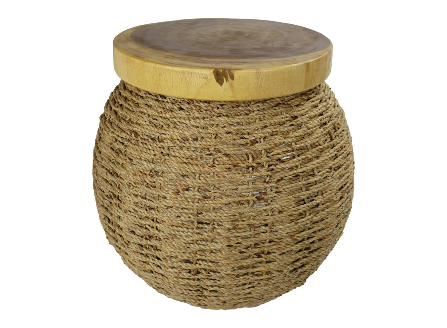 Handbraided Jute Stool with Wooden Top and Storage Space Handmade in Thailand 40x45cm