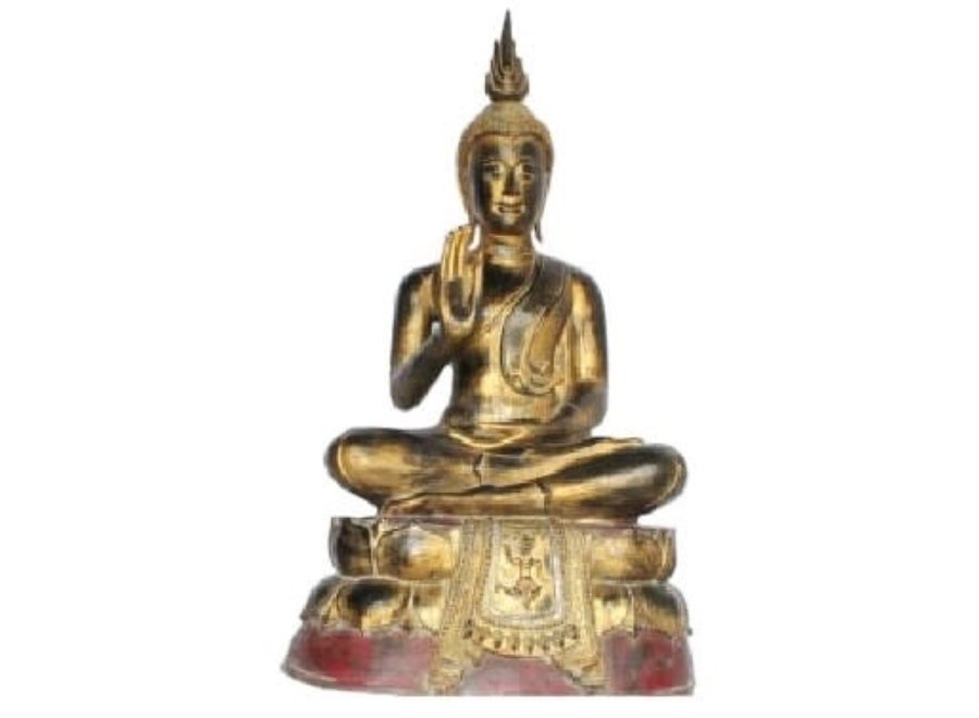 Sukhothai Bouddha Assis Noir Rouge Or Fait à la Main à Partir d'un Tronc d'Arbre Solide L75xP40xH92cm