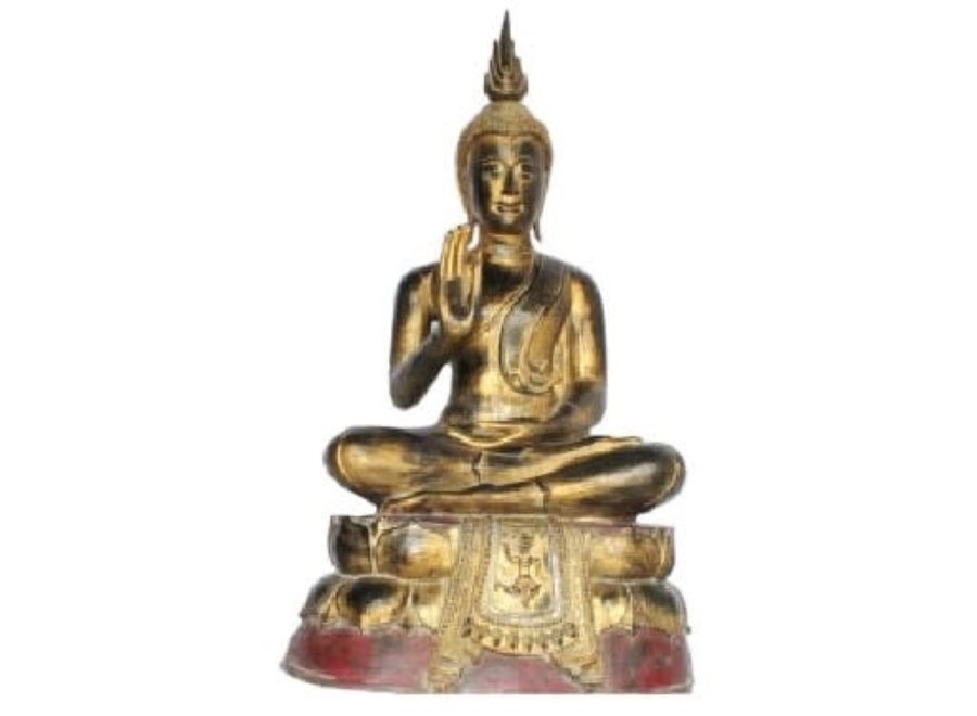 Sukhothai Buddha Seduto Nero Rosso Oro Fatto a Mano da un Tronco d'Albero Solido L75xP40xA92cm