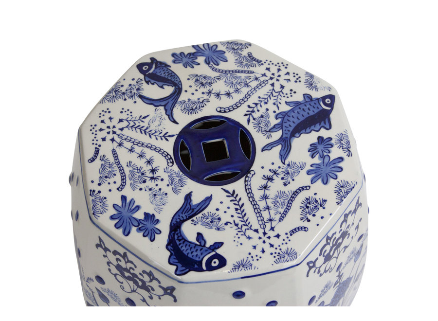 Tabouret Céramique Bleu Blanc Fait Main Koi Poissons D33xH46cm