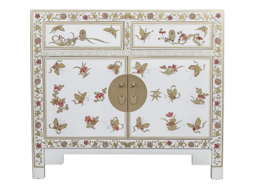 Armoire Chinoise Blanc Papillons Peint à la Main  - Orientique Collection L90xP40xH80cm