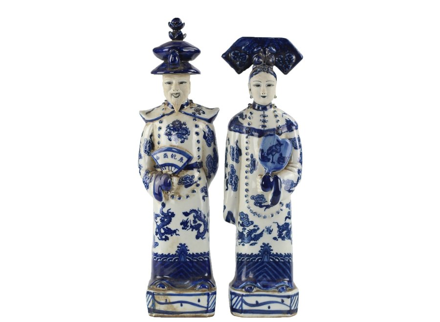 Estuatas Chinas Azul Blanco Porcelana Emperador Emperatriz Juego/2 Hecho a Mano