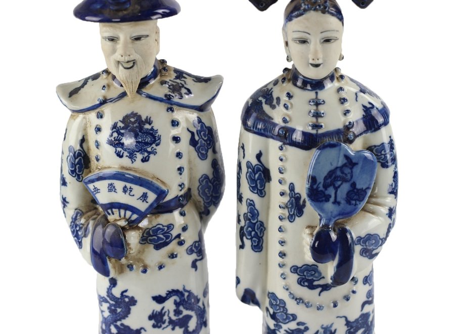 Estuatas Chinas Azul Blanco Porcelana Emperador Emperatriz Juego/2 Hecho a Mano