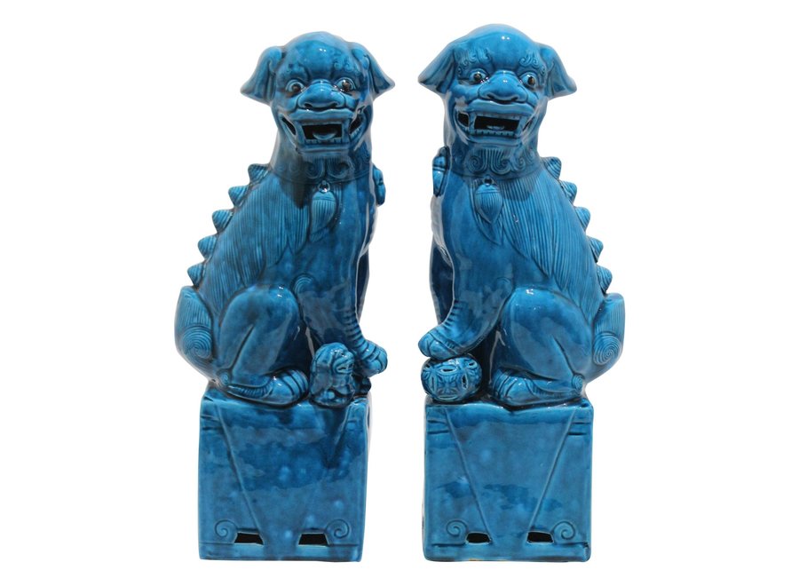 Chinese Foo Dogs Set/2 Porzellan Blau Handgefertigt D10xH27cm