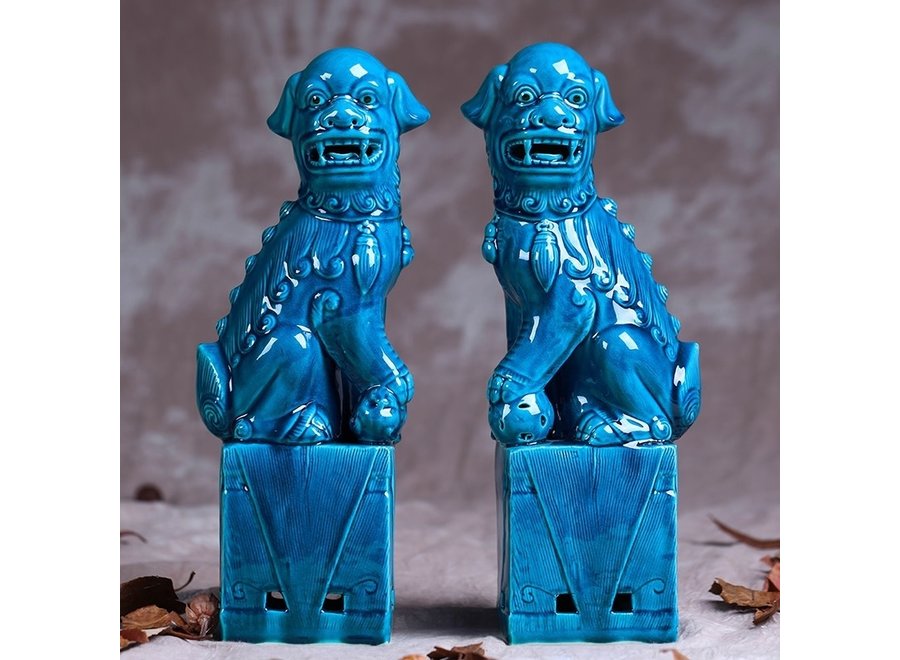 Ensemble Chiens Foo Chinois/2 Porcelaine Bleu Fait Main D10xH34cm