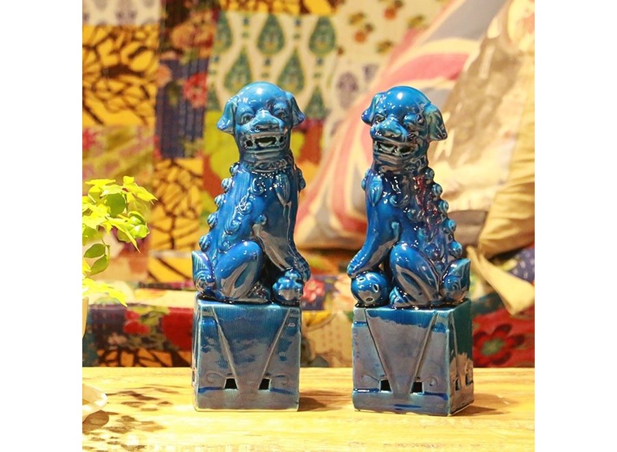 Chinese Foo Dogs Set/2 Porzellan Blau Handgefertigt D10xH34cm
