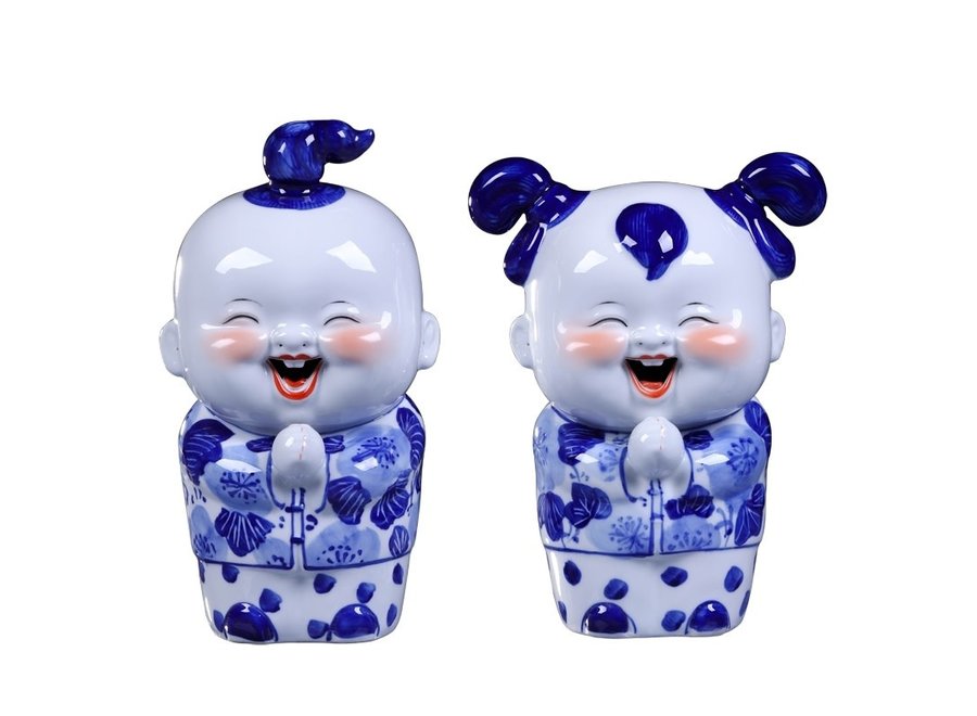 Figurine Chinoise Bleu Couple Bénissant Peinte à la Main Ensemble/2