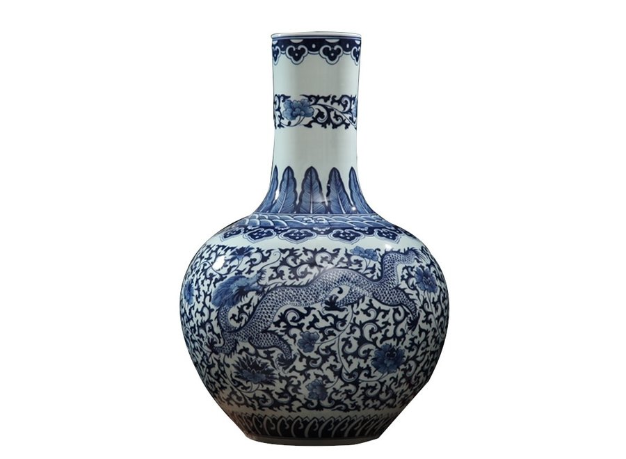 Grand Vase Chinois Porcelaine Dragon Bleu Blanc Peint À La Main D21xH53cm