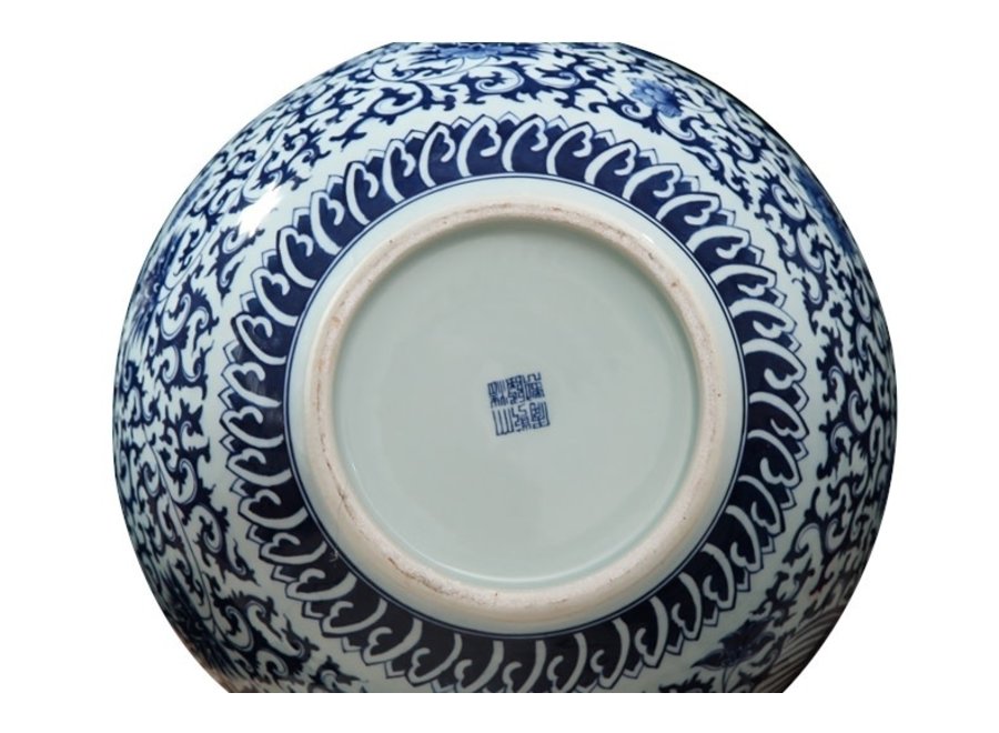 Jarrón Chino de Porcelana Dragón Azul Blanca Pintado a Mano D21xAlt.53cm